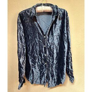 Allen Allen Women Small Shirt Crinkle Crushed Velvet Top Blue Long Sleeve Casual